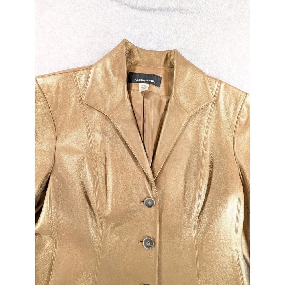 Vintage Jones New York Metallic Gold 100% Leather Jacket Women's Medium 90s Y2K - Picture 2 of 10